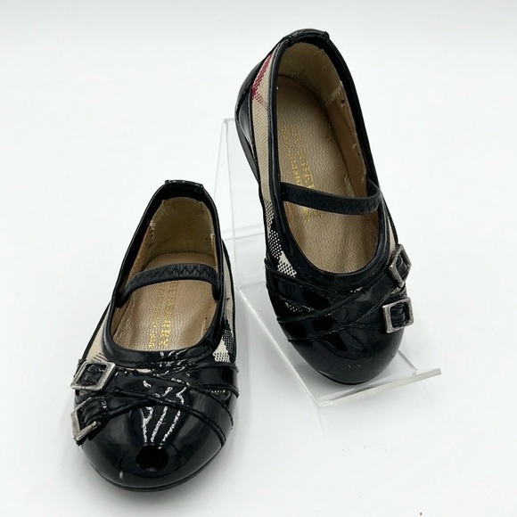 BURBERRY GIRLS PATENT LEATHER NOVA CHECK BLACK BALLERINA FLAT SZ 5C - Picture 5 of 15